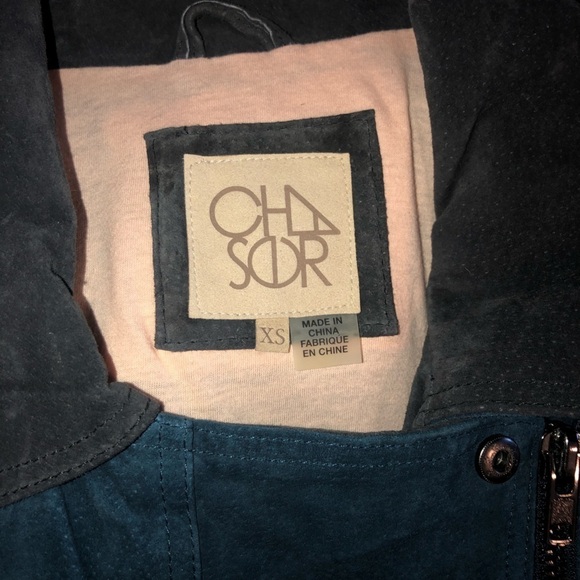 CHASER Suede Leather Blue Body Cream & Grey Cuff Sleeves Colour Block Moto Sz XS - Picture 7 of 11